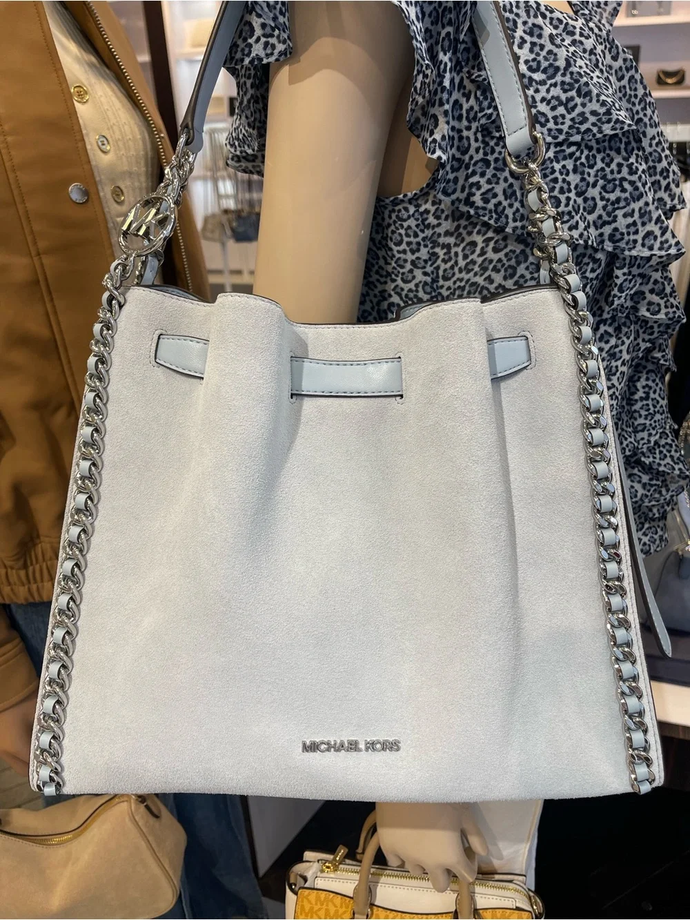 Michael Kors Mina Large Suede Chain Shoulder Bag Pale Ocean Blue Leather NWT - Picture 15 of 16